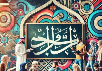 Dall·e 2024 11 04 16.27.48 A Vibrant And Inviting Image Of People Engaging In Arabic Language Immersion Activities. The Setting Includes A Mix Of Traditional And Modern Elements