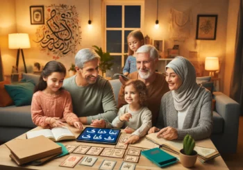 Dall·e 2024 11 04 16.38.34 A Warm And Inviting Family Scene Focused On Learning Arabic Together. A Multi Generational Family, Including Parents, Children, And Grandparents, Sits